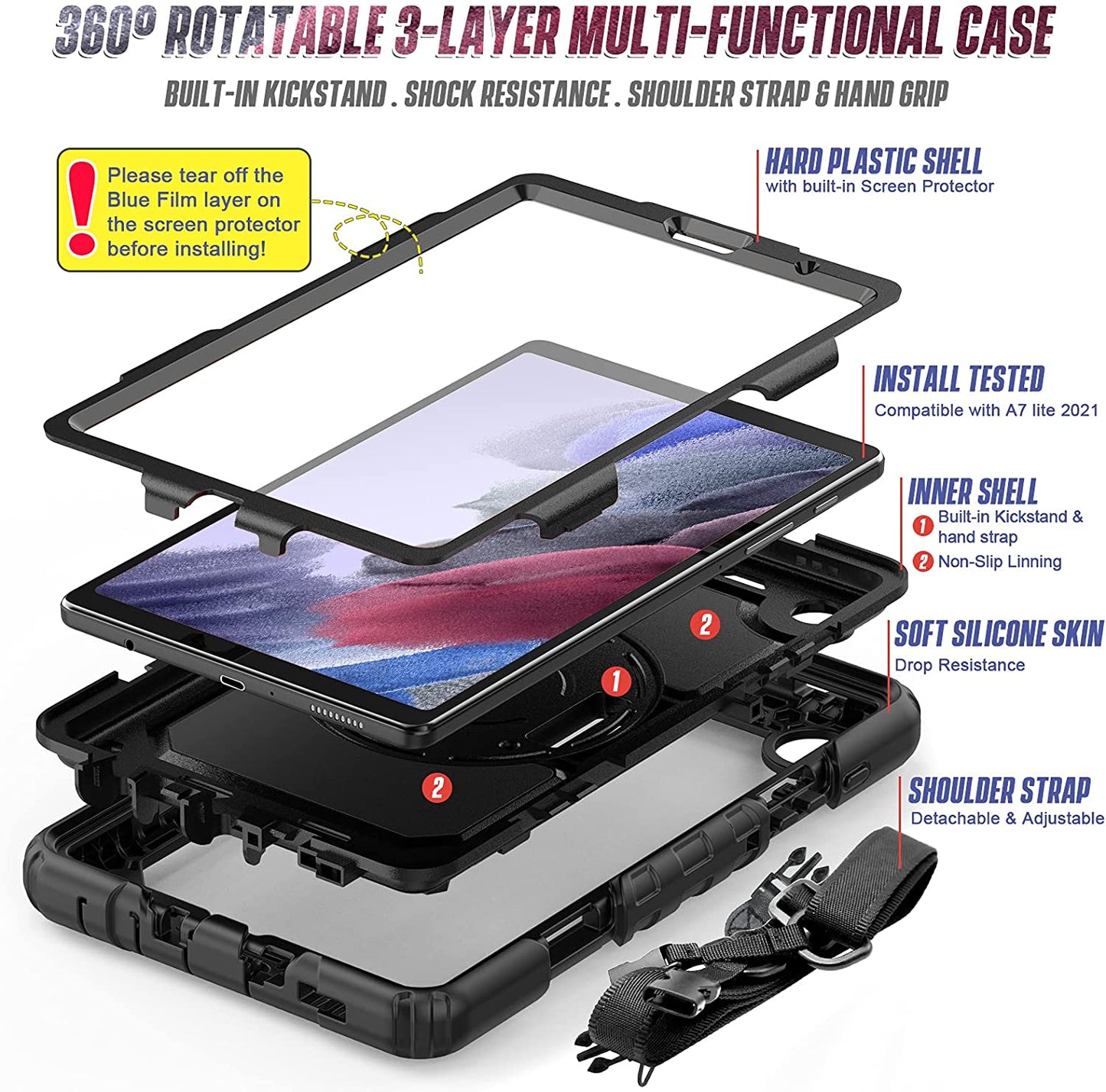 Samsung Galaxy Tab A7 Lite Case 2021 with Screen Protector | Tab A7 Lite 8.7 Inch SM-T225/T220 Full Body Shockproof Durable Rugged Rubber Protective Case W/Hand Strap Shoulder Strap