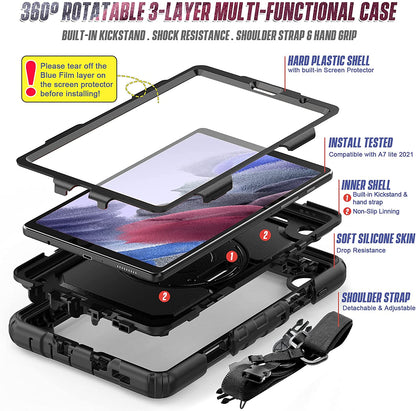Samsung Galaxy Tab A7 Lite Case 2021 with Screen Protector | Tab A7 Lite 8.7 Inch SM-T225/T220 Full Body Shockproof Durable Rugged Rubber Protective Case W/Hand Strap Shoulder Strap